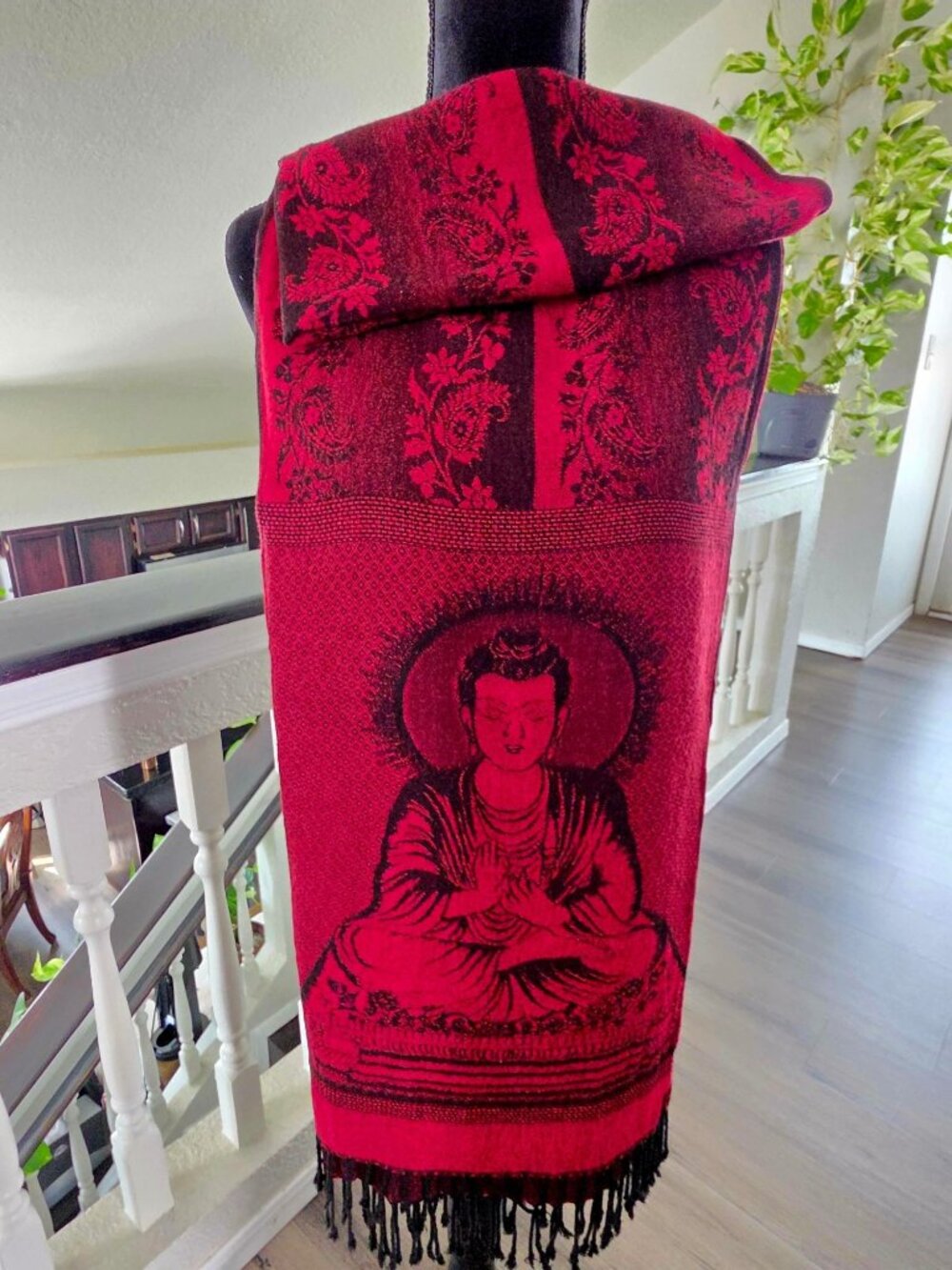 Buddha Pattern Red & Black Rayon Shawl Scarf Wrap With Fringe - 70" x 26" - Picture 7 of 12